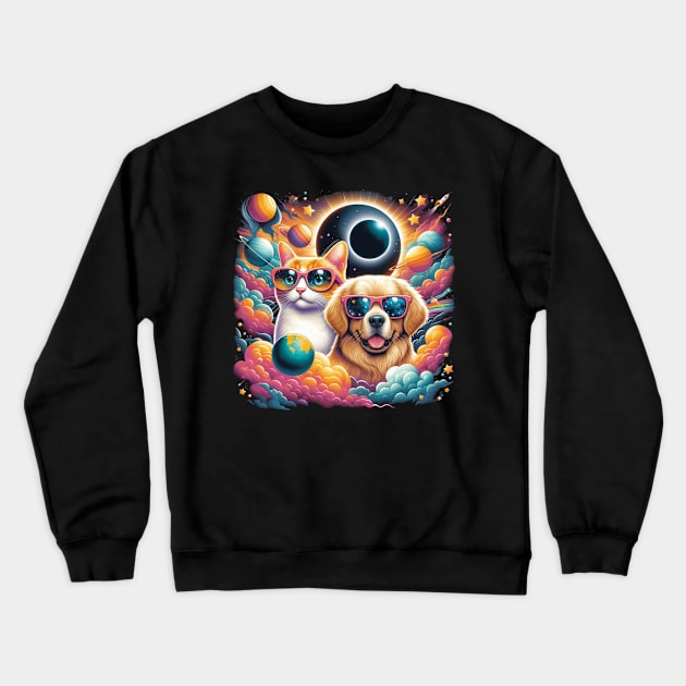 colorful cat and dog with solar 2024 eclipse wearing Glasses Crewneck Sweatshirt by HBart